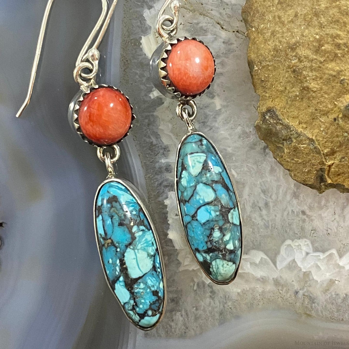 Native American Sterling Spiny Oyster & Oval Mosaic Turquoise Dangle Earrings