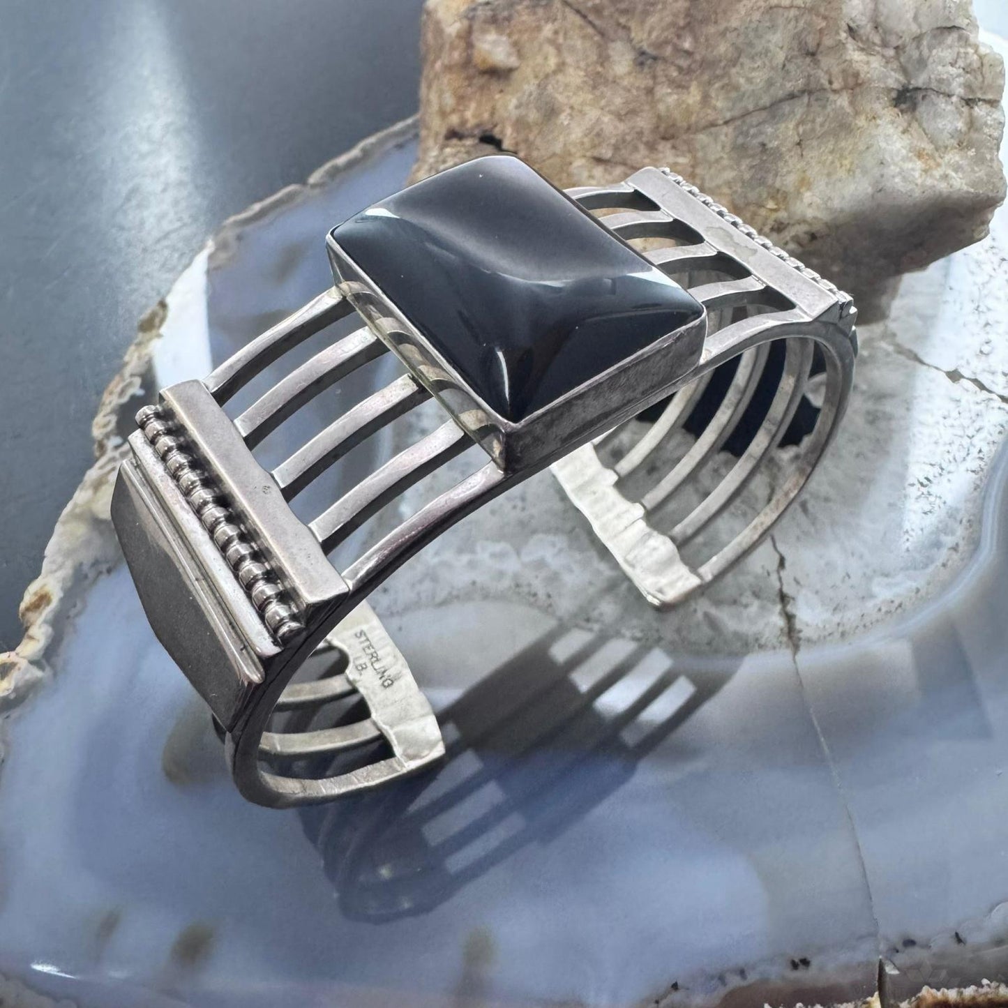 Jack Bly Vintage Native American Sterling Silver Rectangle Onyx Bracelet For Women