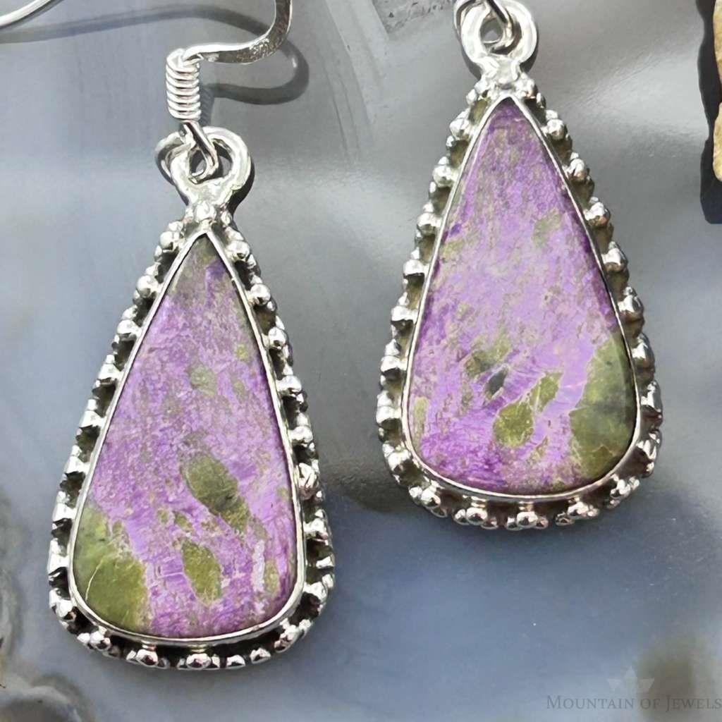 Sterling Silver Southwestern Style Teardrop Stichtite Dangle Earrings For Women