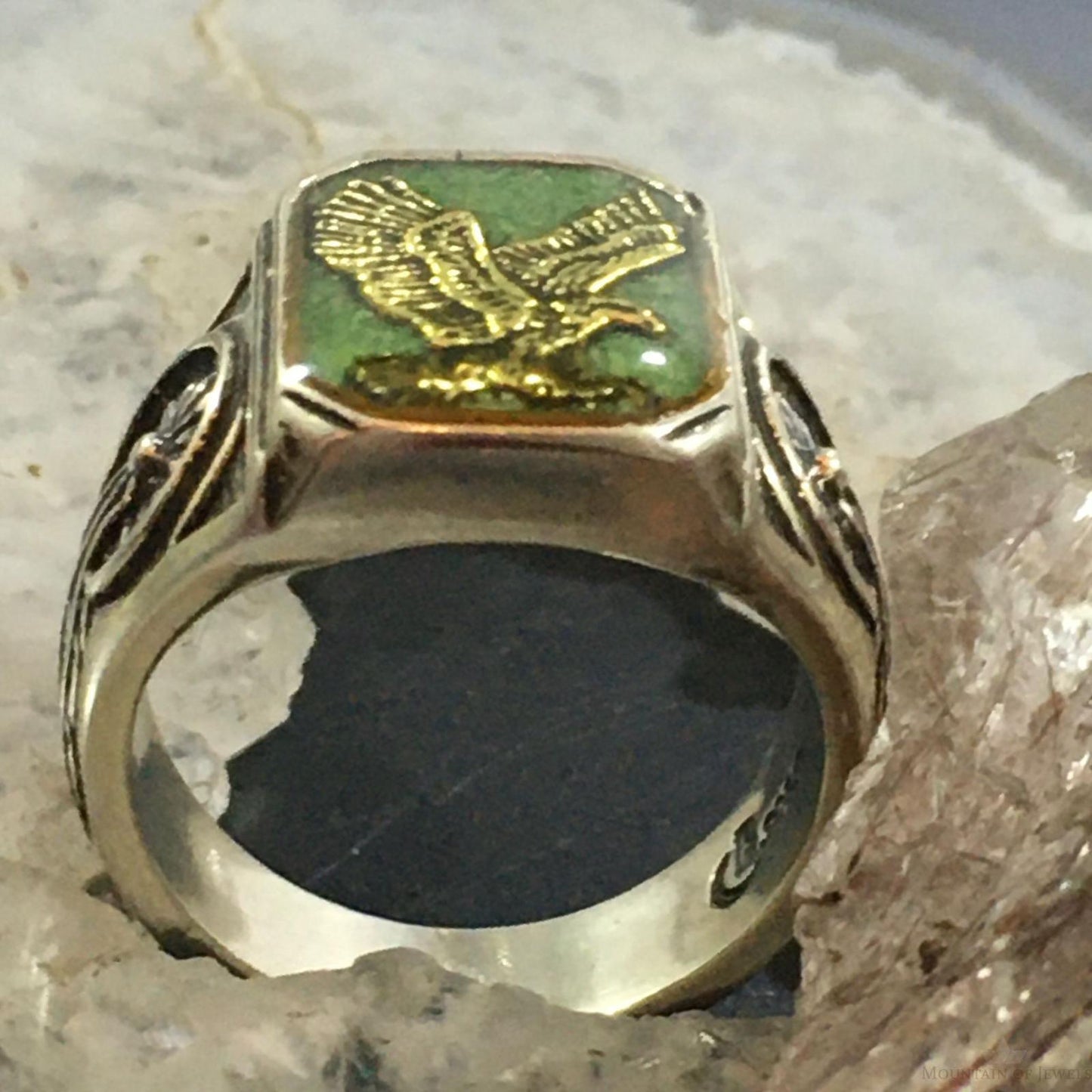 Carolyn Pollack Southwestern Style Sterling Silver Green Turquoise Chip Inlay Eagle Ring For Men
