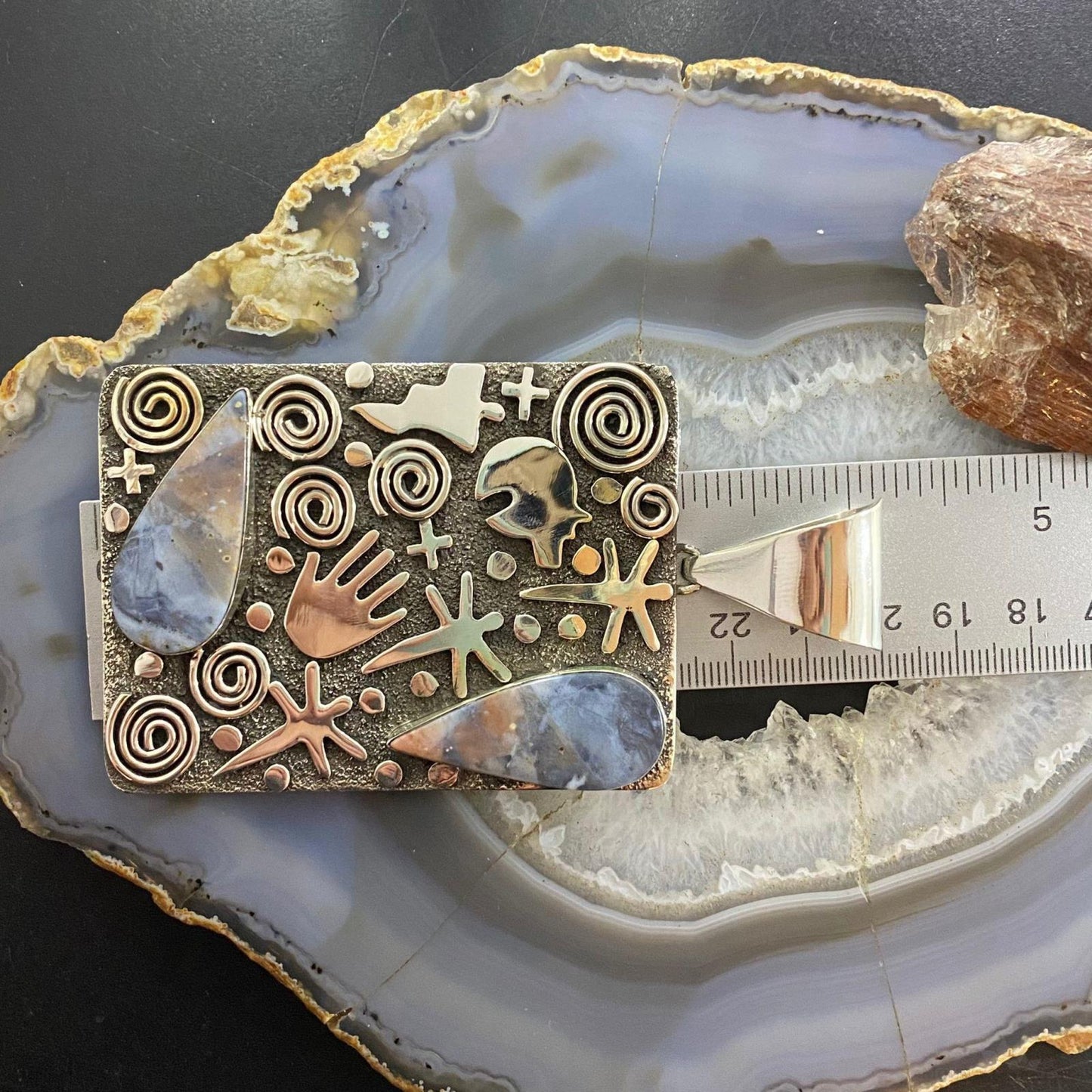 Alex Sanchez Sterling Silver Teardrop Purple Agate Rectangle Petroglyph Pendant
