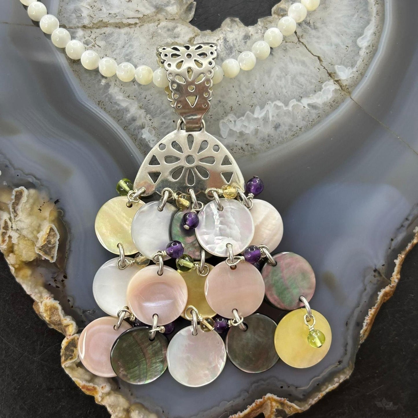 Carolyn Pollack Sterling Silver Multi Stone Dangle Pendant with MOP Necklace For Women