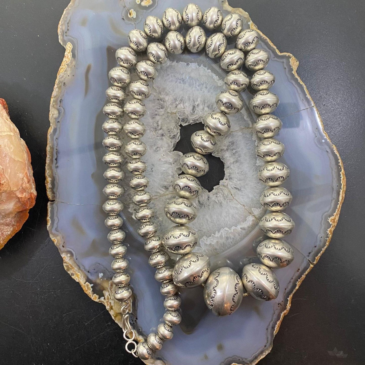 Native American Vintage Graduated Handmade Stamped Navajo Pearl Beads Necklace