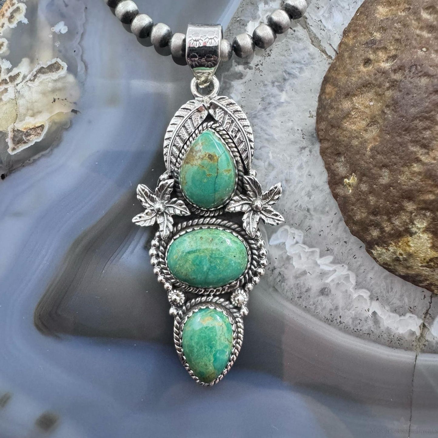 Sterling Silver Southwestern Style Triple Turquoise Decorated Pendant For Women
