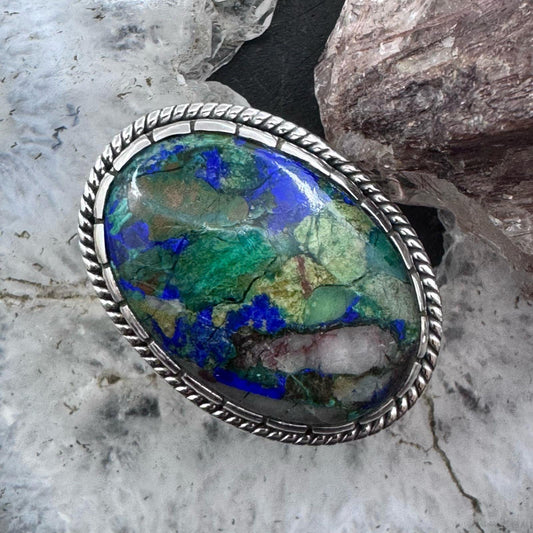 Sterling Silver Southwestern Style Oval Malachite Azurite Ring Size 7.5 For Women