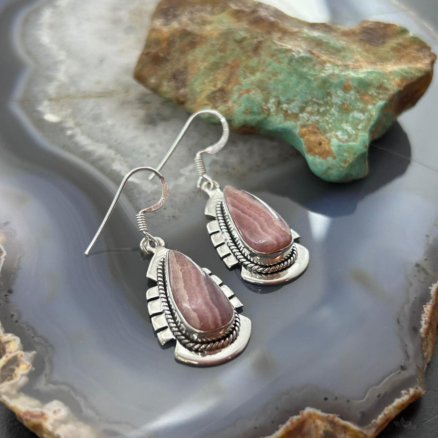 Sterling Silver Southwestern Style Teardrop Rhodochrosite Dangle Earrings For Women