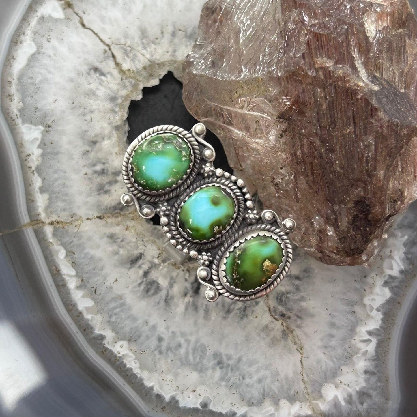Sterling Silver Southwestern Style 3 Sonora Gold Turquoise Adjustable Ring For Women