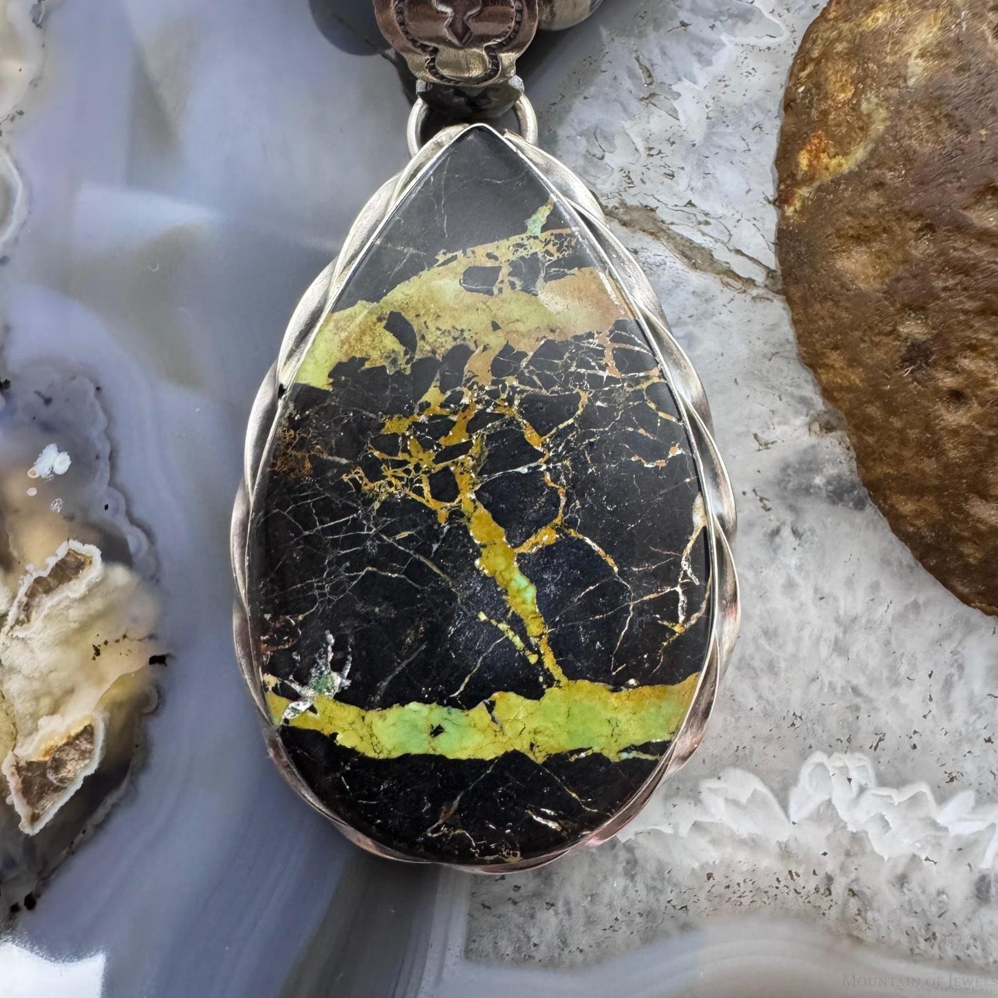 Native American Sterling Silver Teardrop Black Jack Decorated Pendant For Women