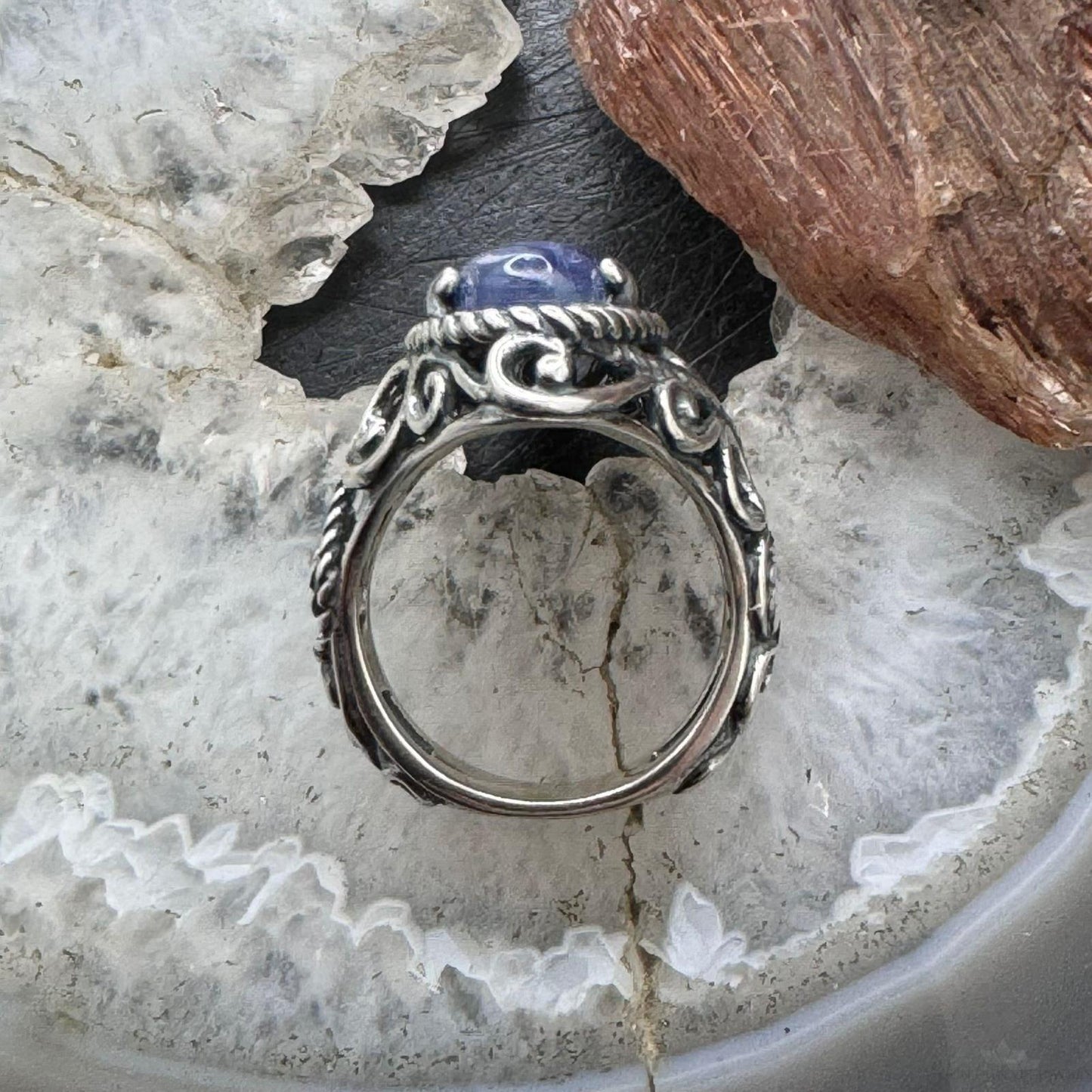 Carolyn Pollack Sterling Silver Elongated Oval Blue Quartz Decorated Ring Variety of Sizes