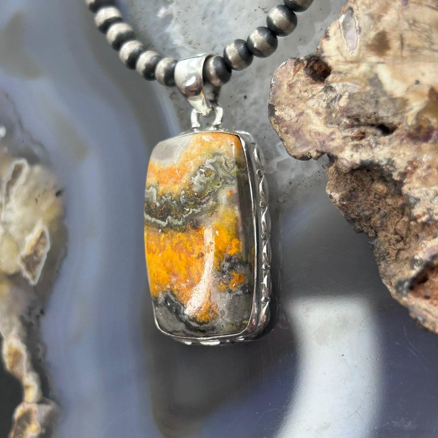 Sterling Silver Southwestern Style Rectangle Yellow Jasper Pendant For Women