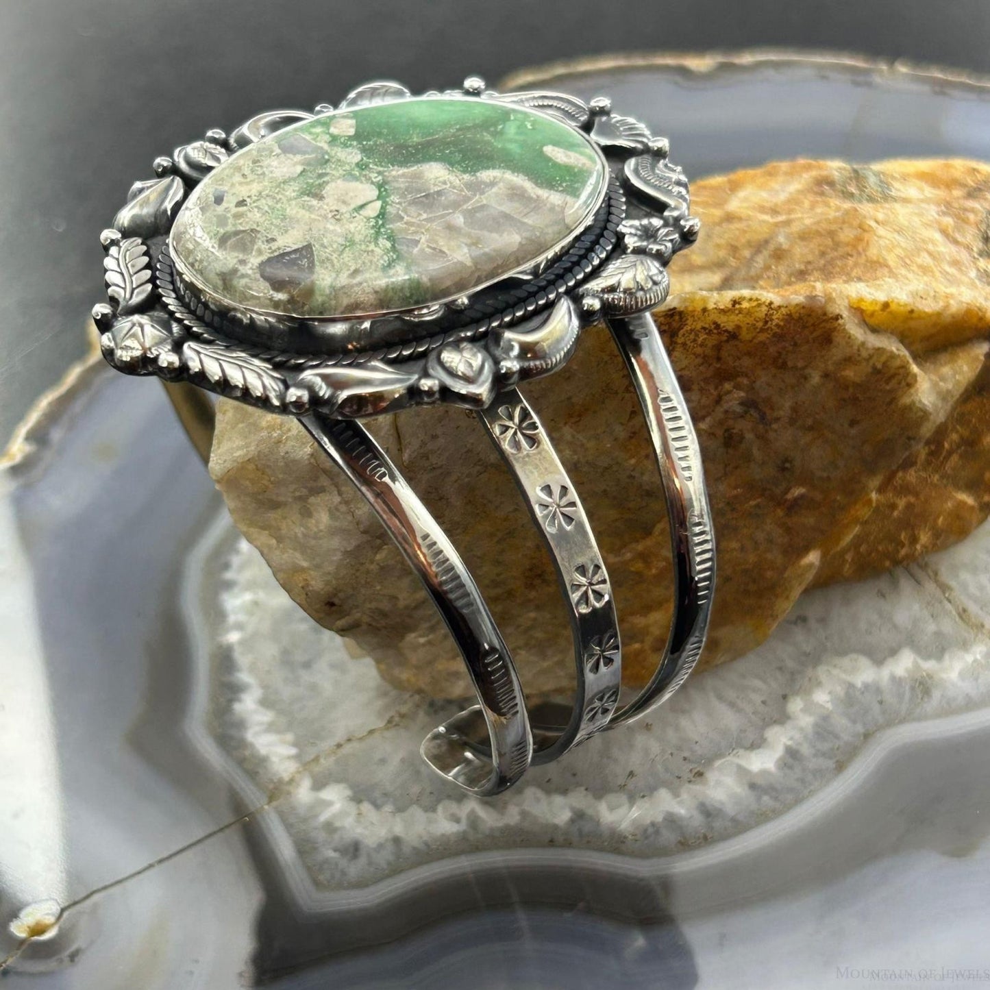 Sterling Silver Southwestern Style Large Oval Variscite Decorated Bracelet For Women