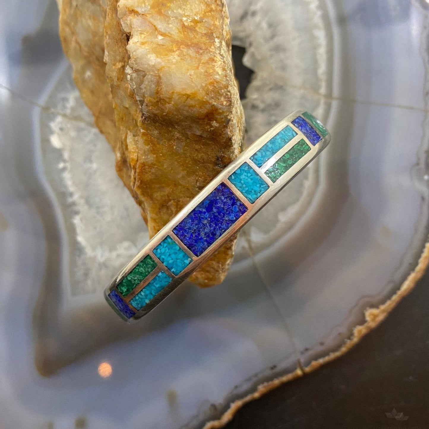 Vintage Sterling Silver Turquoise & Lapis Chip Inlay Fashion Bracelet For Women