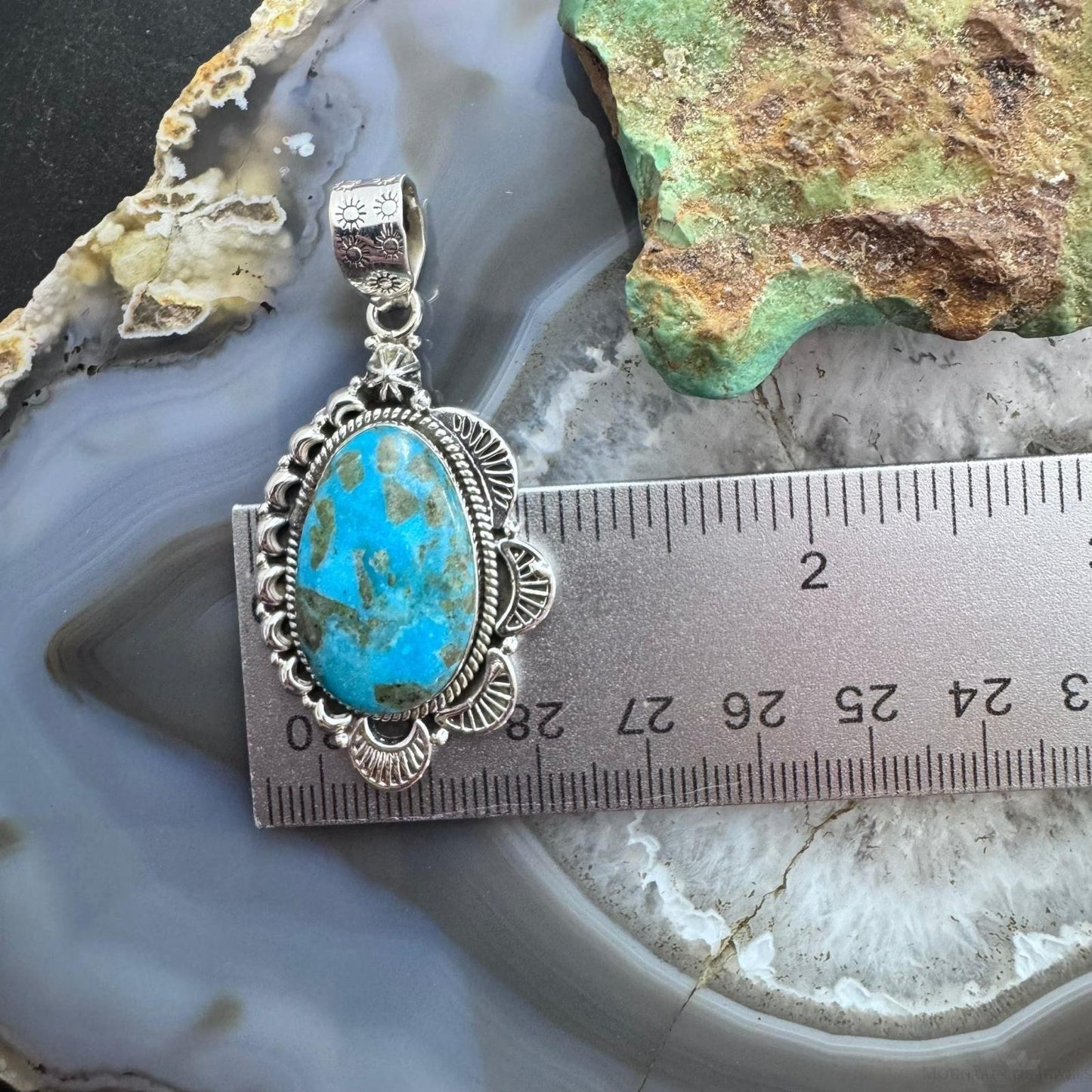 Sterling Silver Southwestern Style Large Turquoise Decorated Pendant For Women