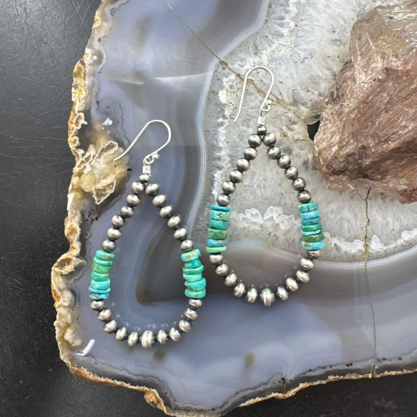 Sterling Silver 4mm Navajo Pearl Southwester Style & 6mm Turquoise Bead Hoop Earrings For Women