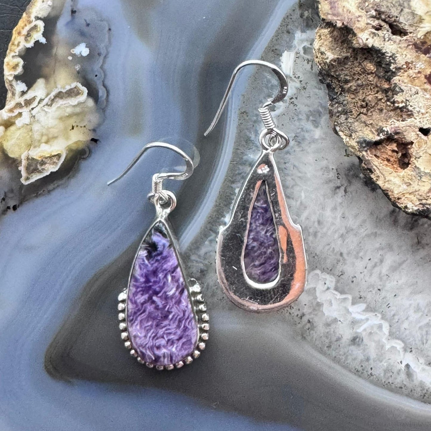 Sterling Silver Southwestern Style Teardrop Charoite Decorated Dangle Earrings For Women