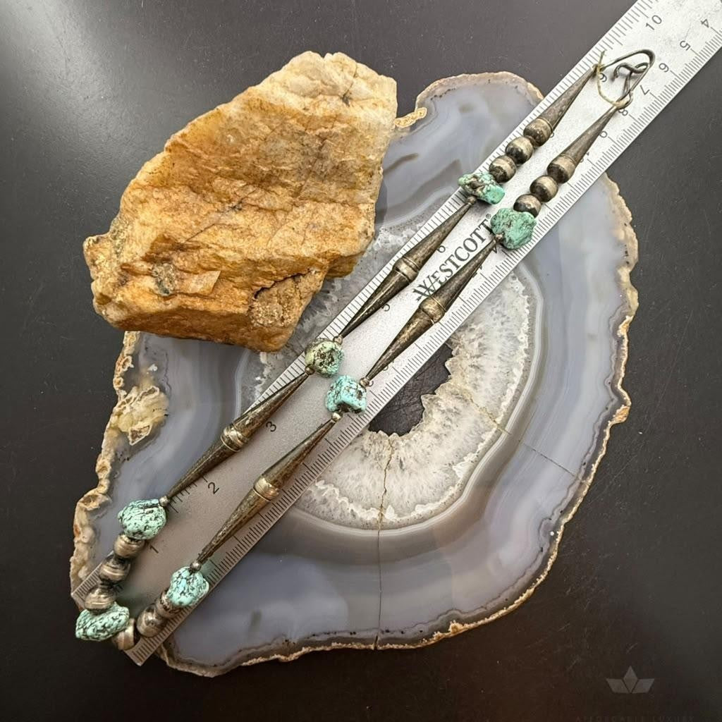 Vintage Native American Silver Navajo Pearl Bead, Cones, Turquoise 18" Necklace For Women