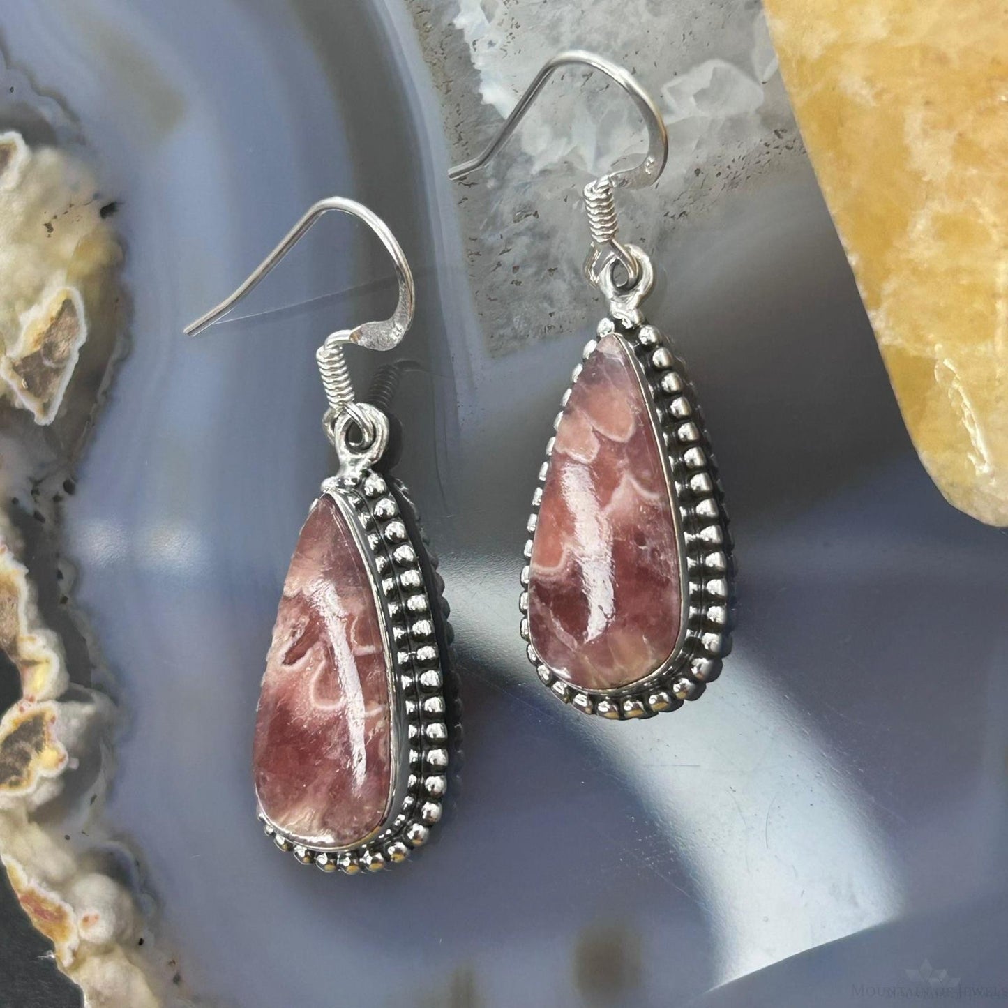 Sterling Silver Southwestern Style Teardrop Rhodochrosite Dangle Earrings For Women