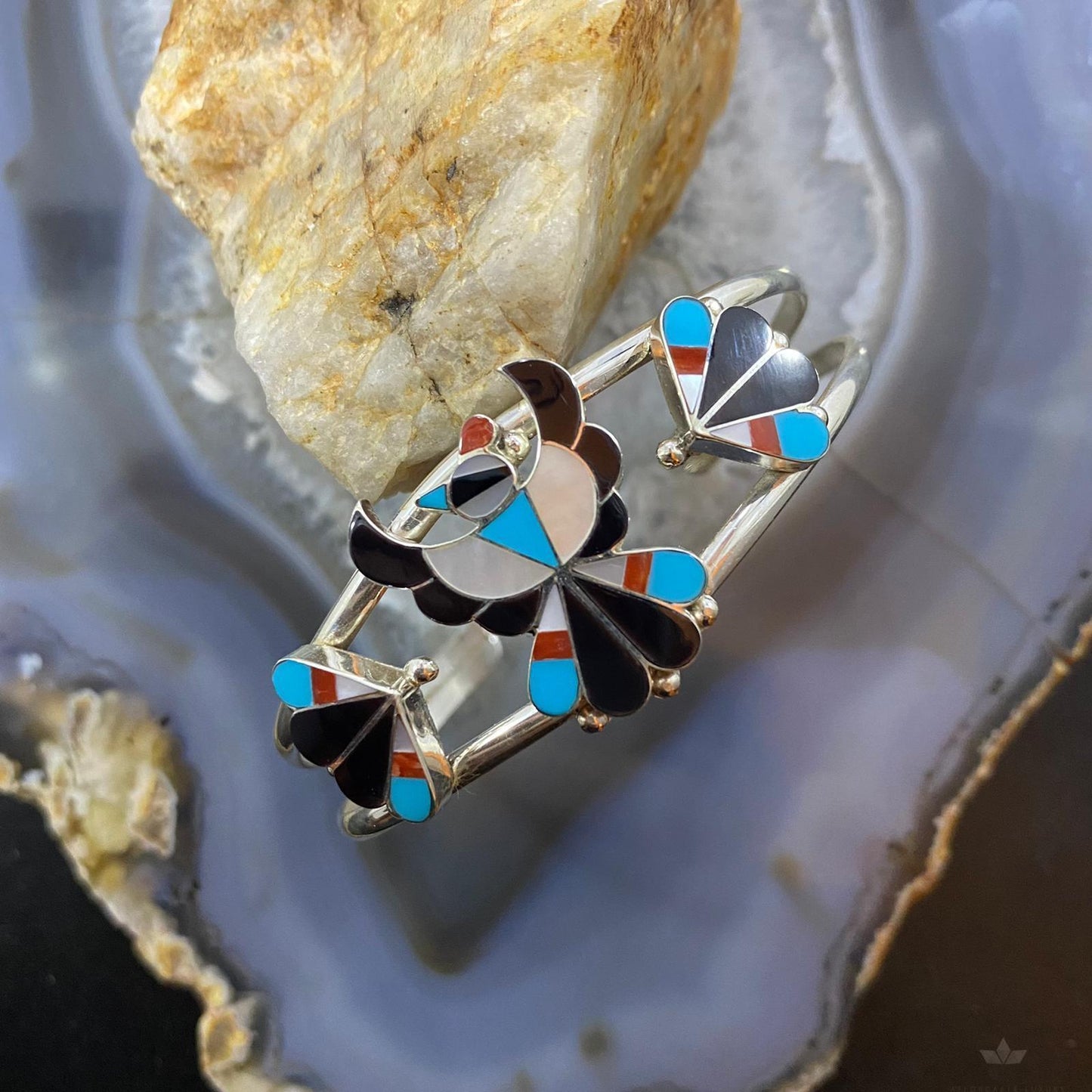 Beon Wallace Zuni Native American Sterling Multi Stones Inlay Thunderbird Cuff