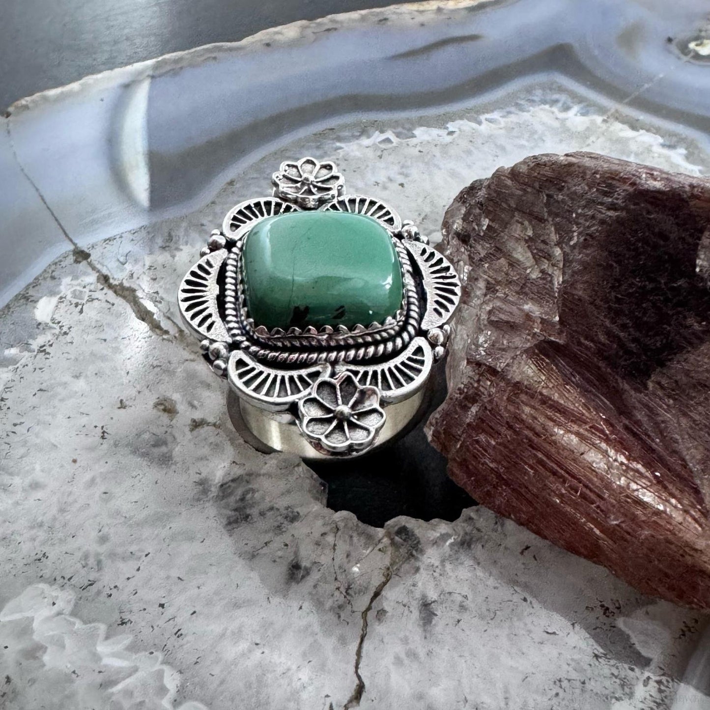 Sterling Silver Southwestern Style Square Green Turquoise Adjustable Decorated Ring For Women