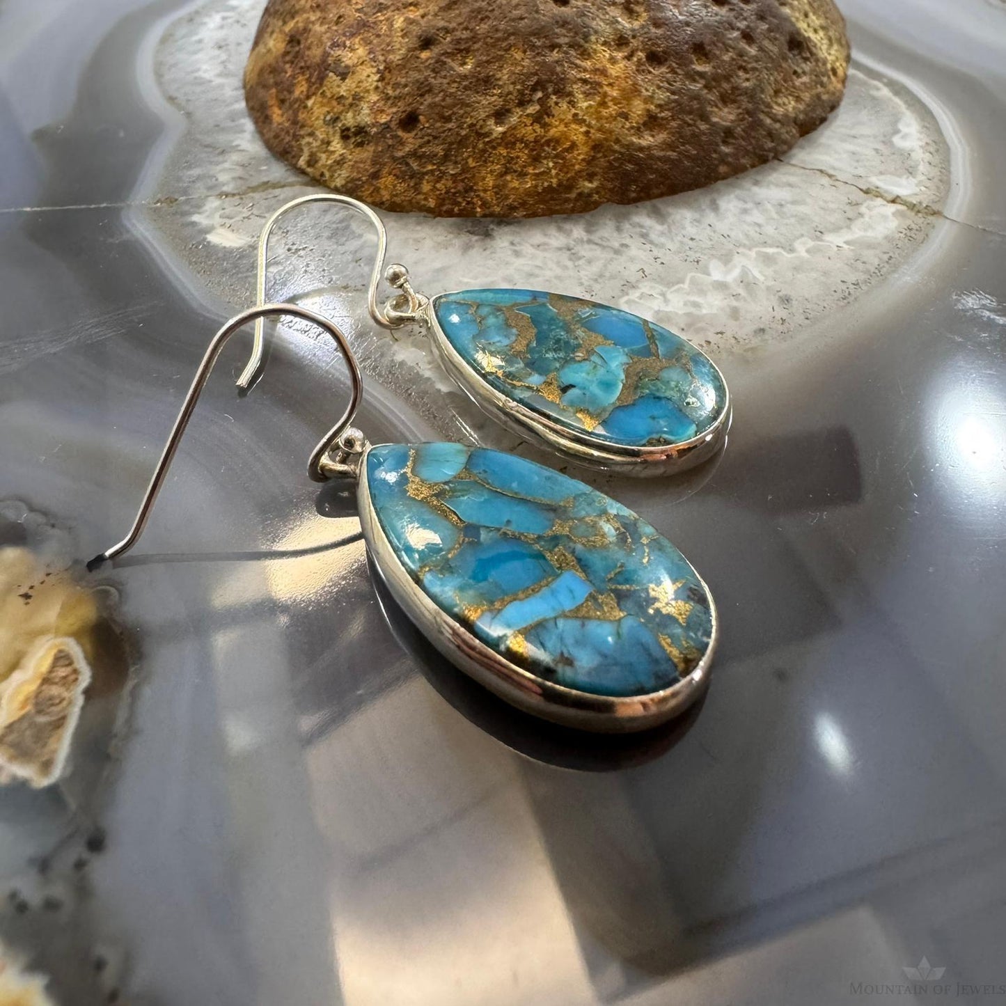 Sterling Silver Southwestern Style Teardrop Cooper Turquoise Dangle Earrings For Women