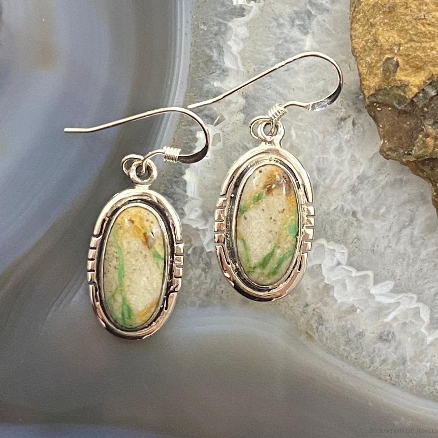 Native American Sterling Silver Oval Ribbon Boulder Turquoise Dangle Earrings