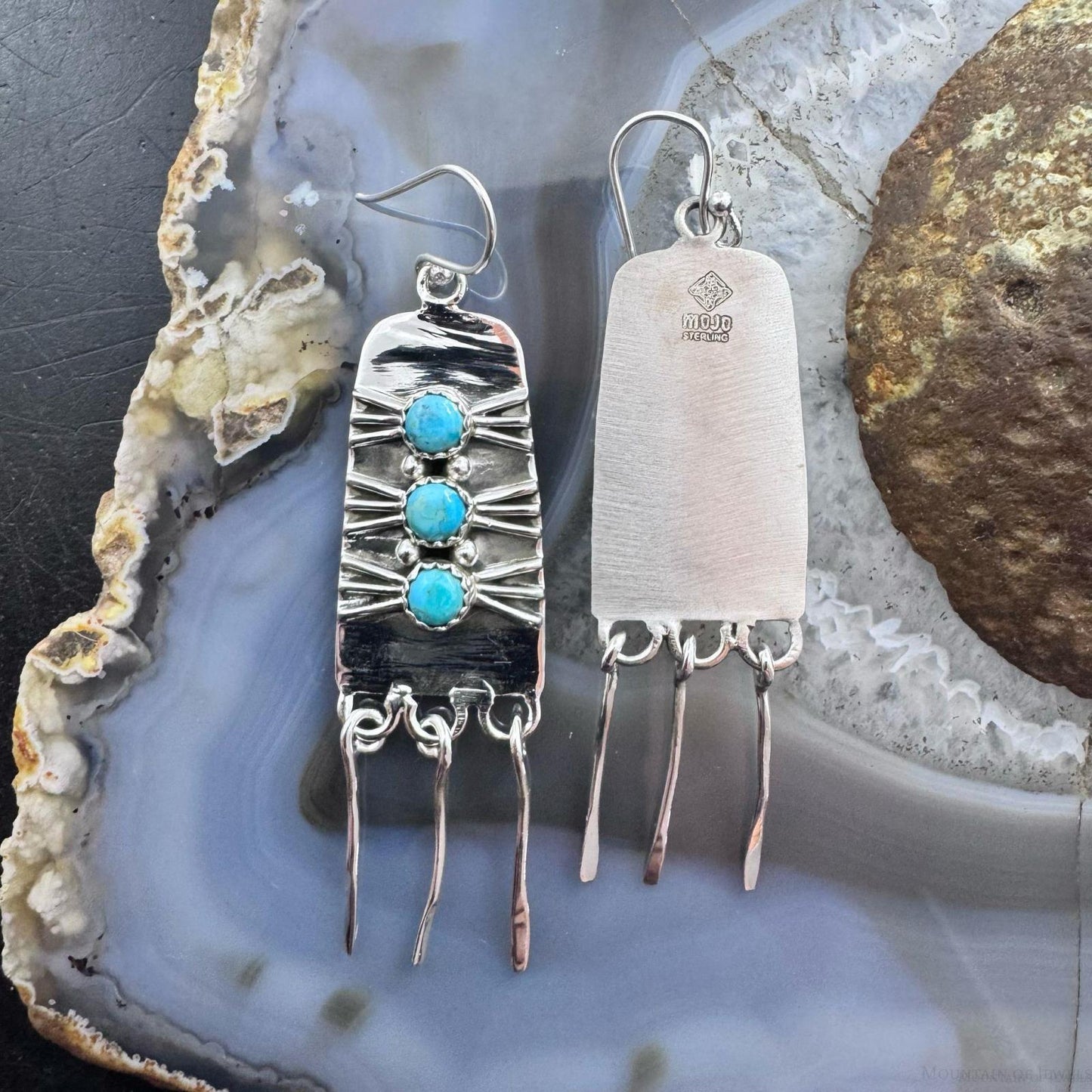 Sterling Silver Southwestern Style 3 Rounded Turquoise Tassel Dangle Earrings For Women