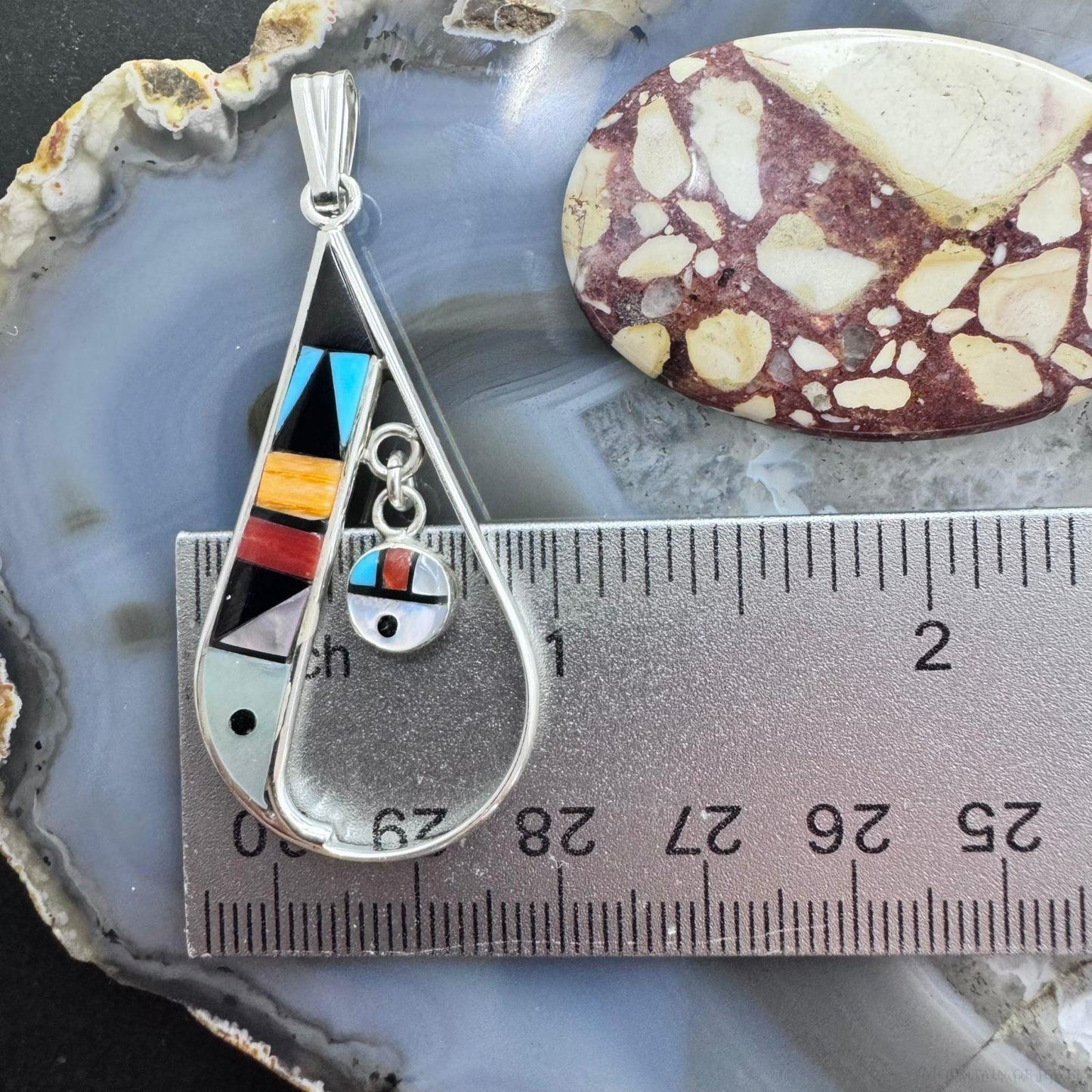 Sheryl Edaakie Zuni Sterling Silver Multistone Inlay Teardrop Pendant For Women #3