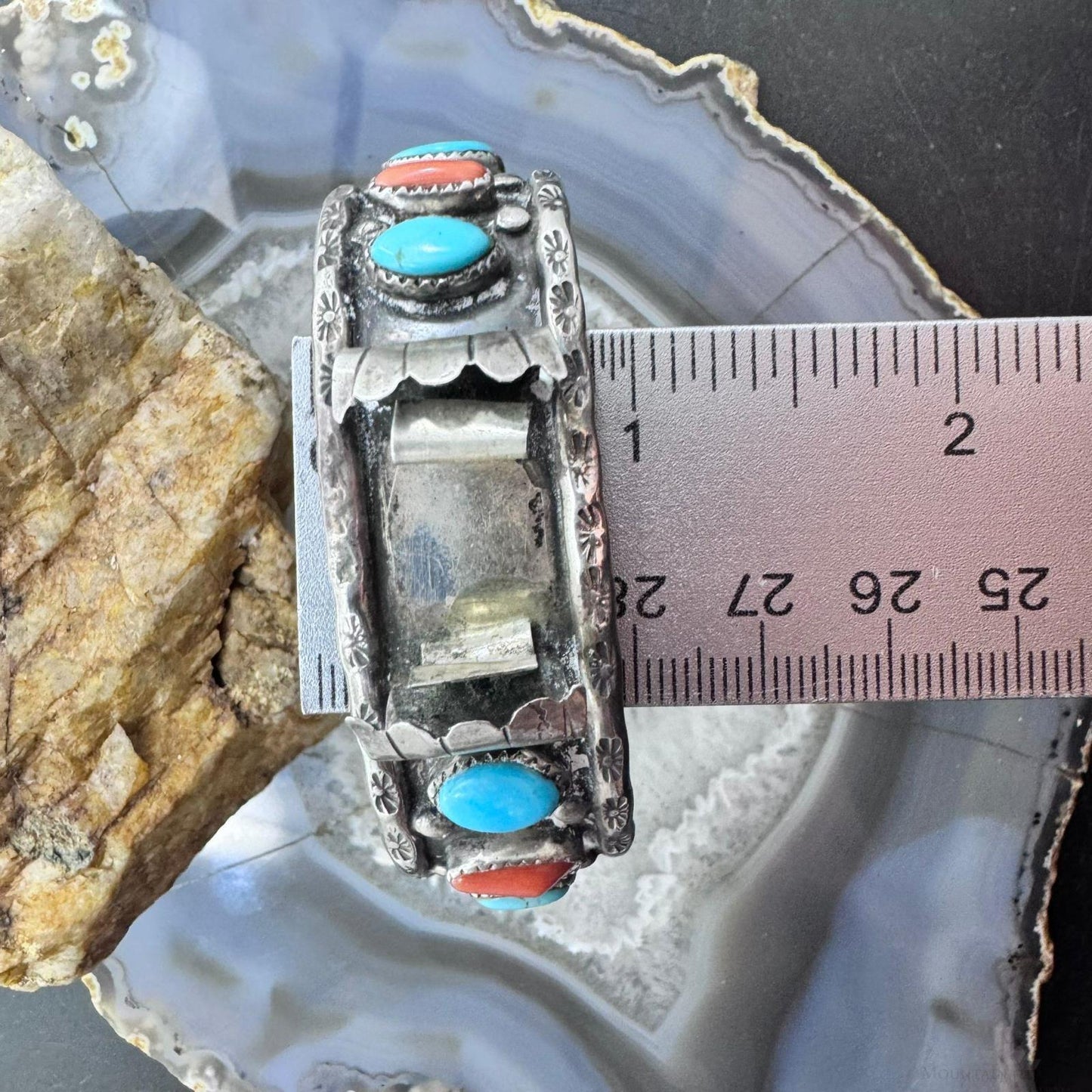 Vintage Signed Sterling Kingman Turquoise & Coral Decorated Watch Cuff For Women