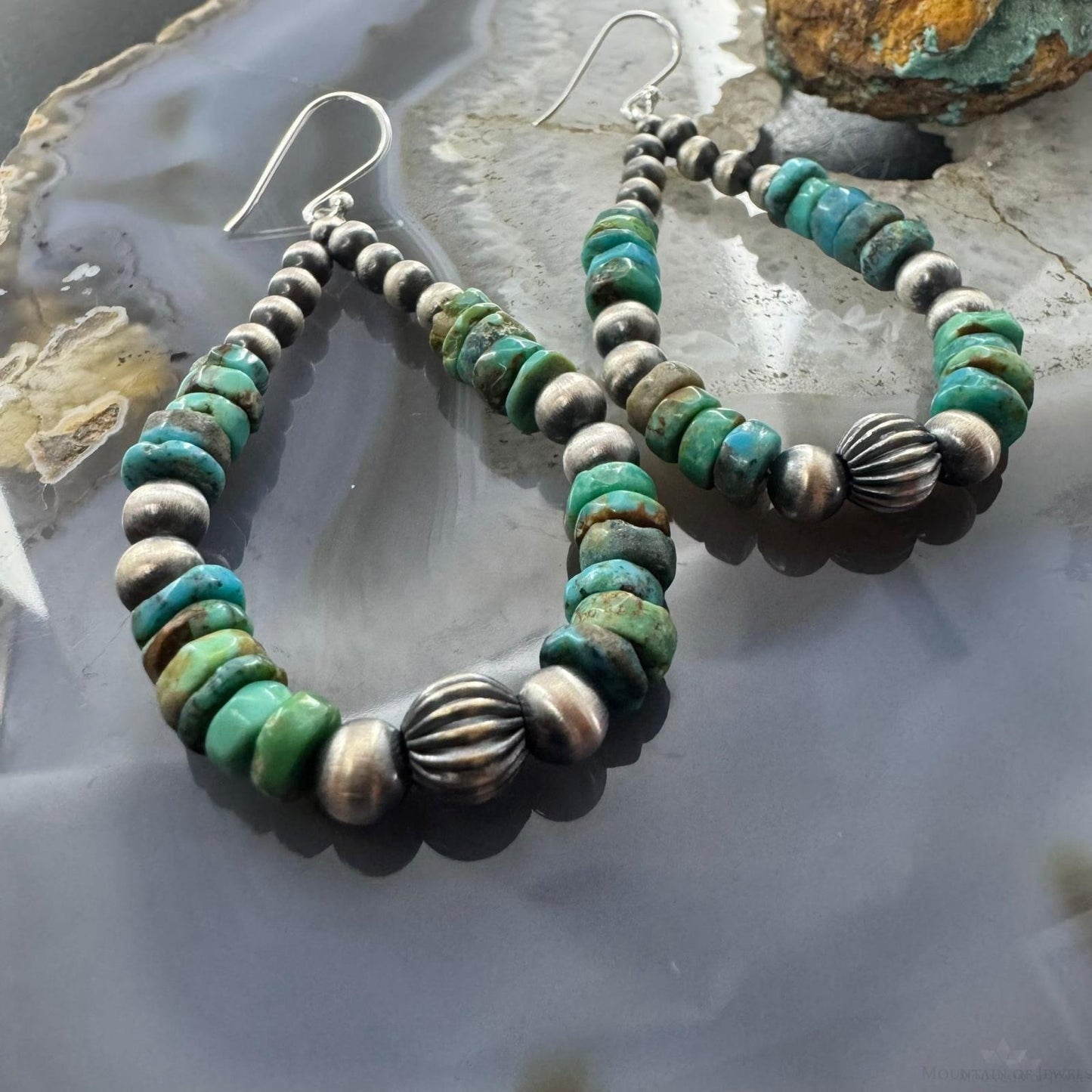 Sterling Silver 4-6mm Navajo Pearl Southwester Style & 6mm Turquoise Bead Hoop Earrings For Women