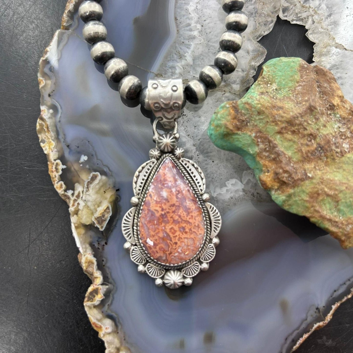 Sterling Silver Southwestern Style Teardrop Red Plum Jasper Decorated Pendant For Women