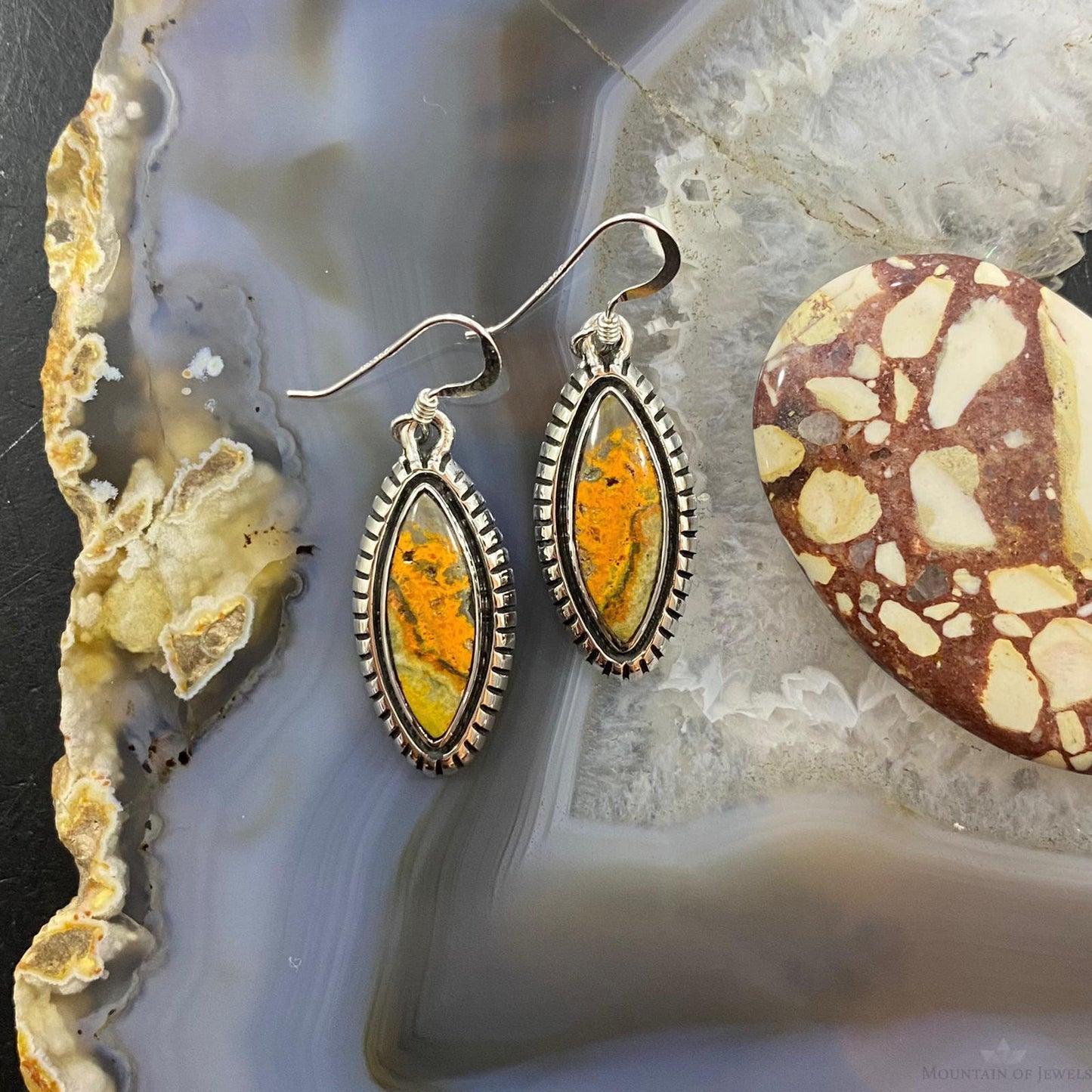 Native American Sterling Marquise Bumblebee Jasper Dangle Earrings For Women #1