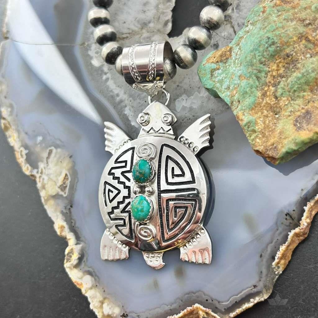 Alonzo Mariano Sterling Silver Overlay Turtle & 2 Turquoise Unisex Pendant