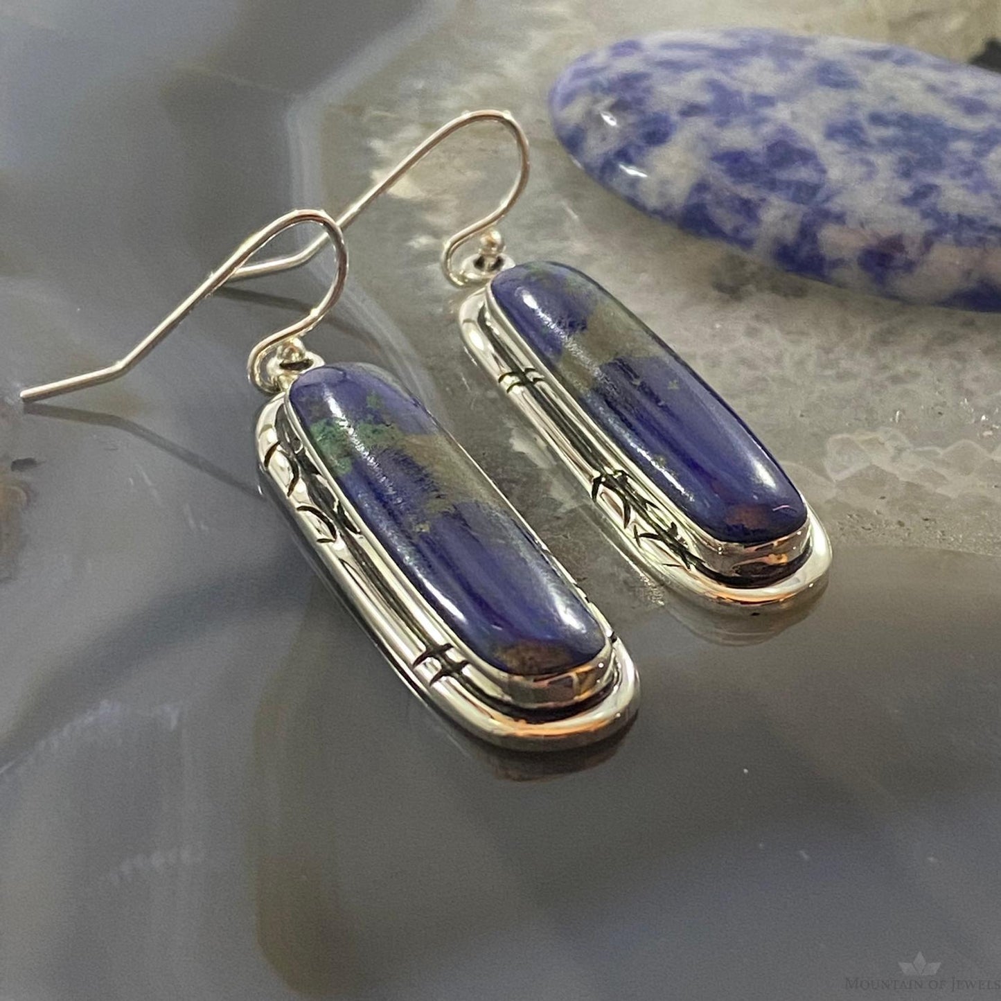 Native American Sterling Silver Oval Azurite Malachite Dangle Earrings For Women