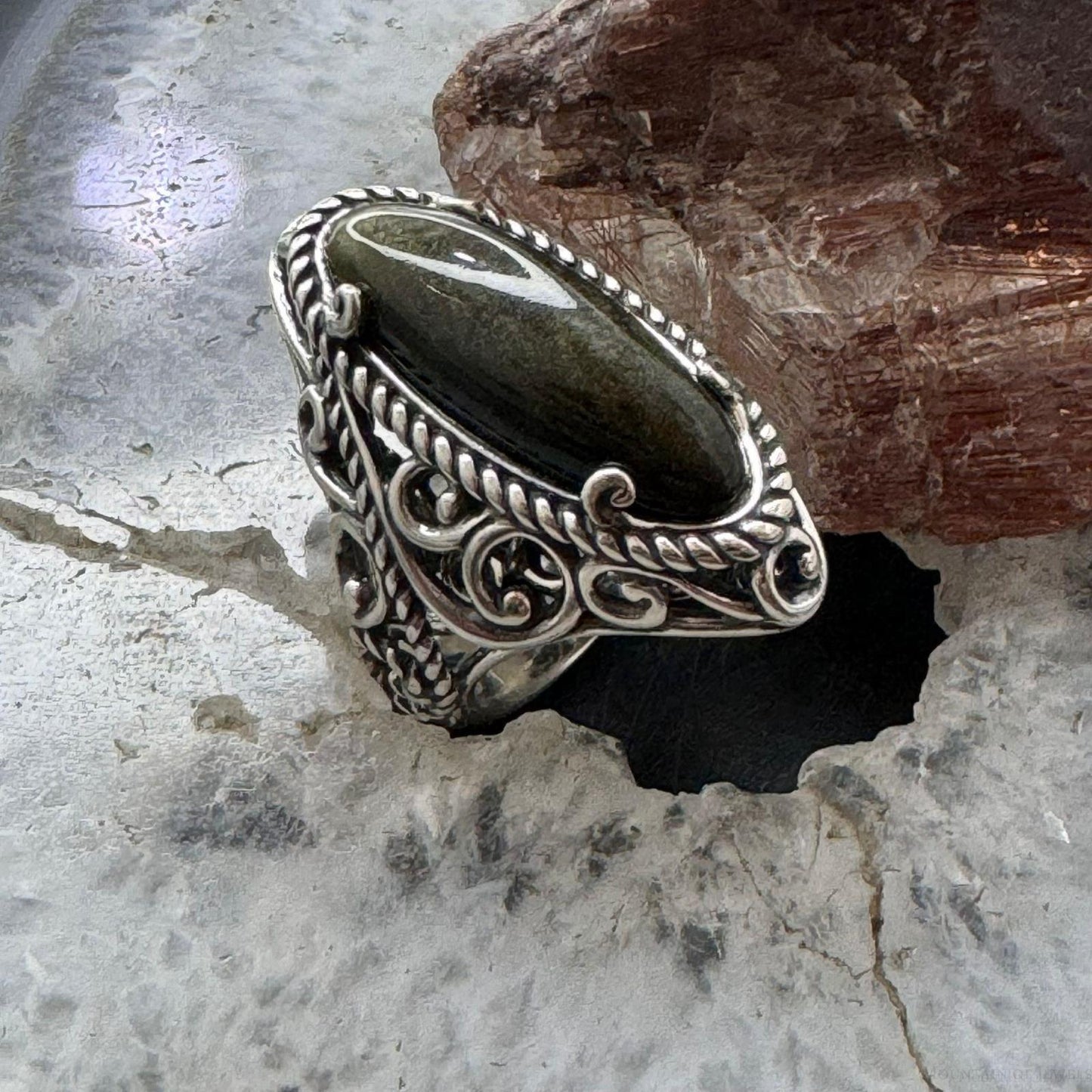 Carolyn Pollack Sterling Silver Elongated Oval Smoky Quartz Decorated Ring For Women