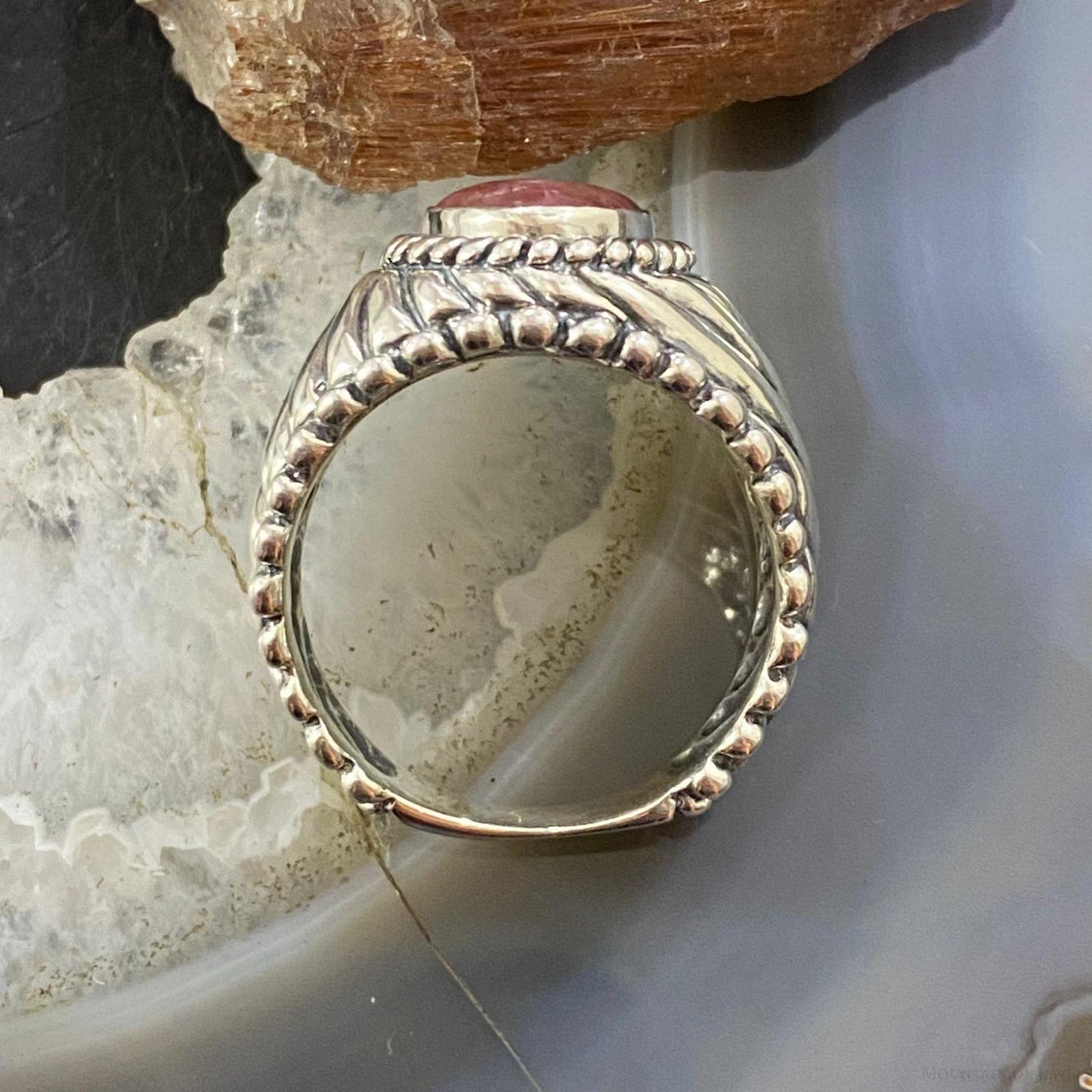 Carolyn Pollack Southwestern Style Sterling Silver Oval Rhodonite Decorated Unisex Ring Sizes 8 &12 For Women