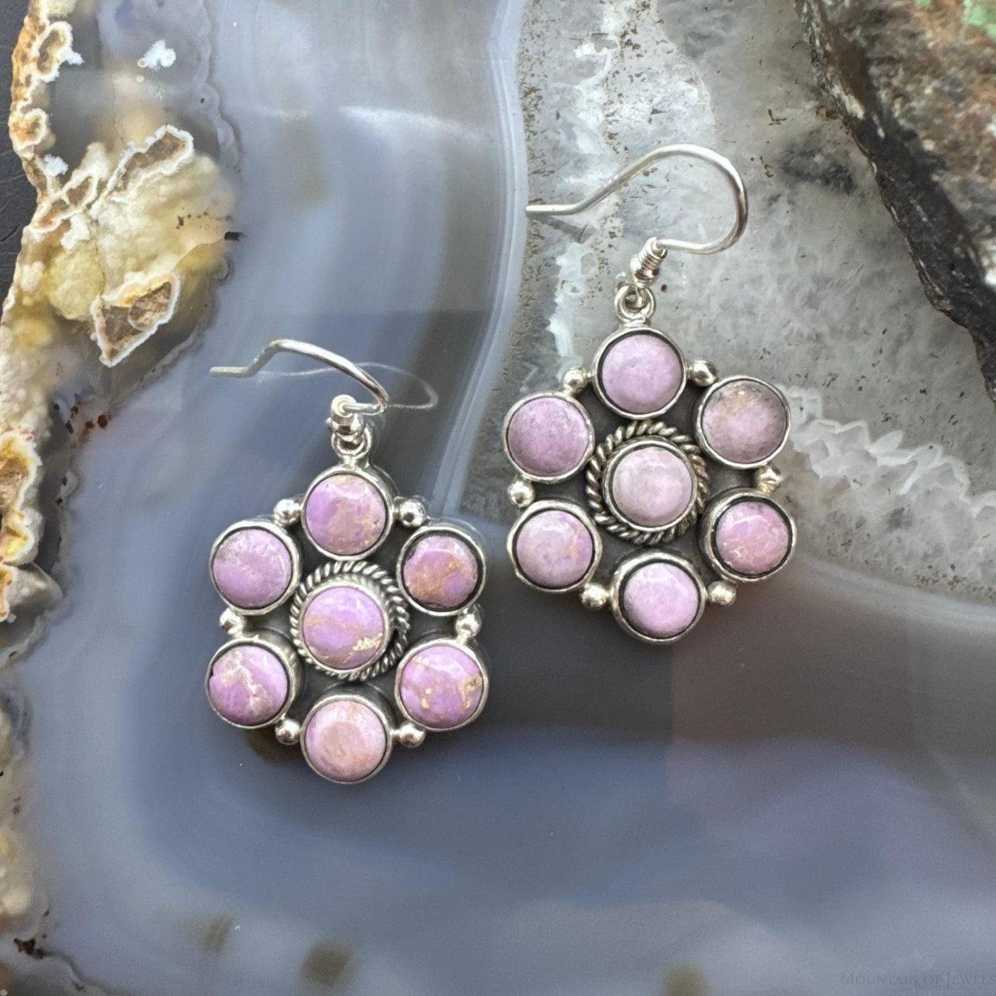 Native American Sterling Silver Phosphosiderite Cluster Dangle Earrings For Women
