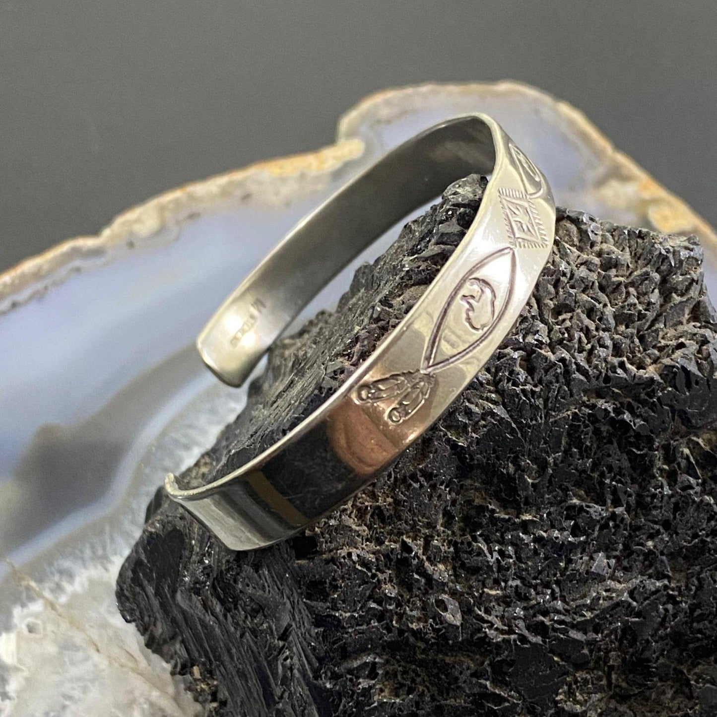 Signed Native American Sterling Silver Stamped Stackable Bracelet For Women #2