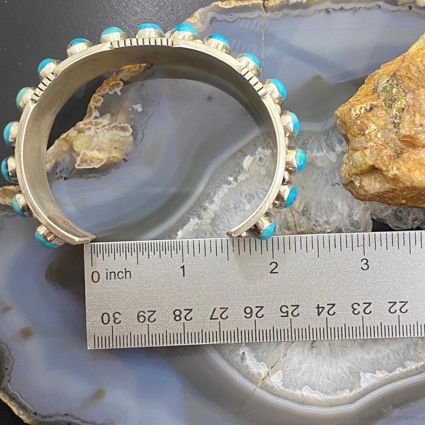 Vintage Native American Sterling Silver Oval Turquoise Row Bracelet For Men