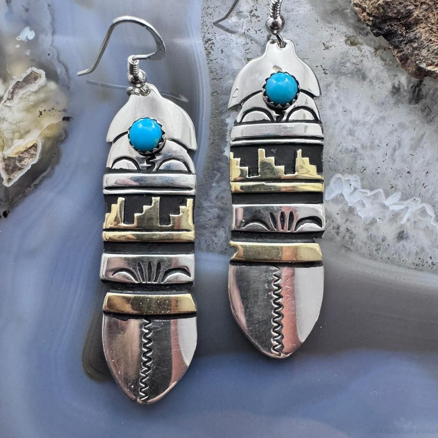Tommy & Rosita Singer Sterling Silver & Gold Filled Dot Turquoise Feather Dangle Earrings For Women