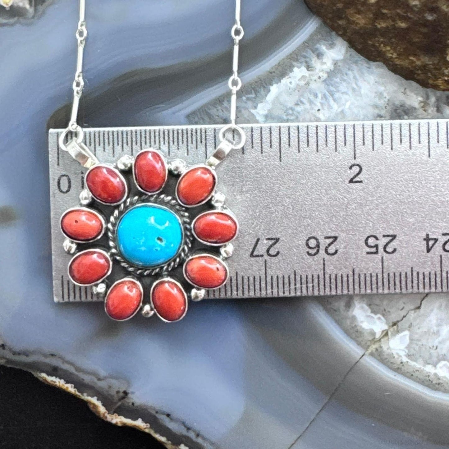 Native American Sterling Silver Round Turquoise W/Oval Coral Cluster Pendant W/Necklace For Women