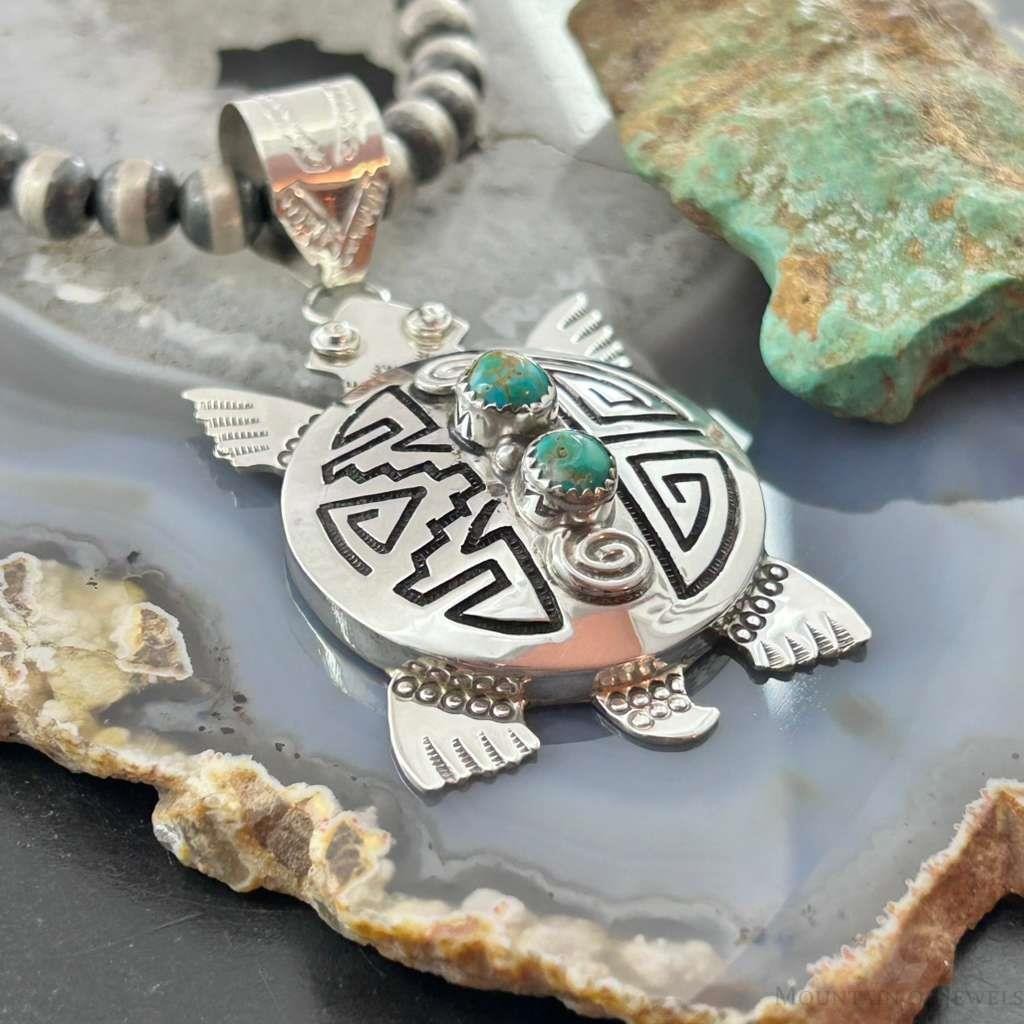 Alonzo Mariano Sterling Silver Overlay Turtle & 2 Turquoise Unisex Pendant #1