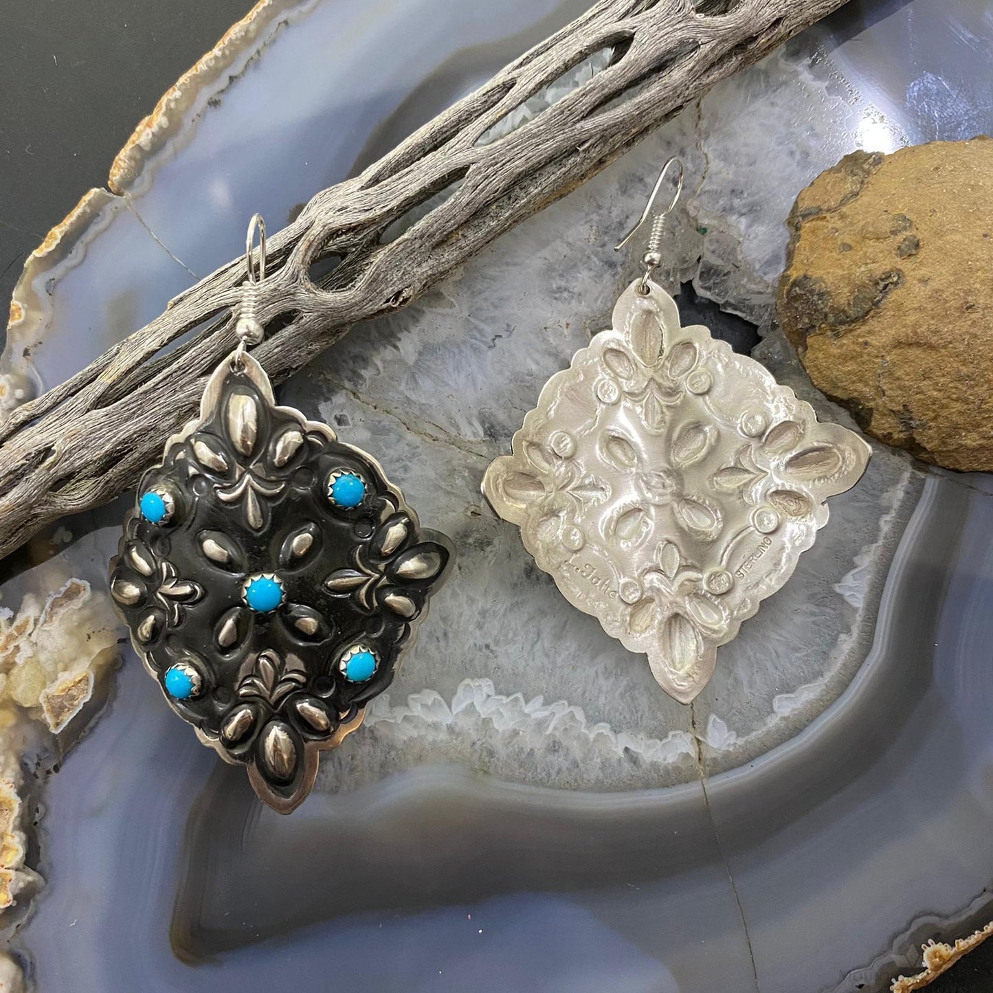 Leander Tahe Sterling Silver Turquoise Floral Repousse Square Concho Earrings