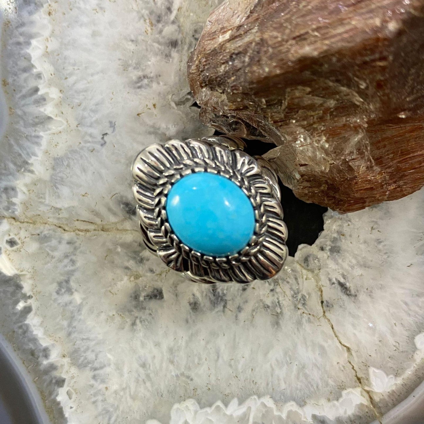 Carolyn Pollack Southwestern Style Sterling Silver Oval Turquoise Decorated Ring For Women