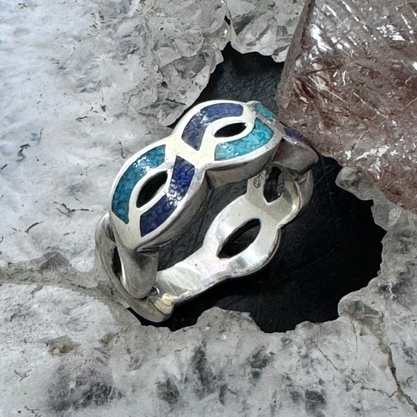 Carolyn Pollack Sterling Silver Turquoise & Lapis Chip Inlay Band Ring Size 7 For Women