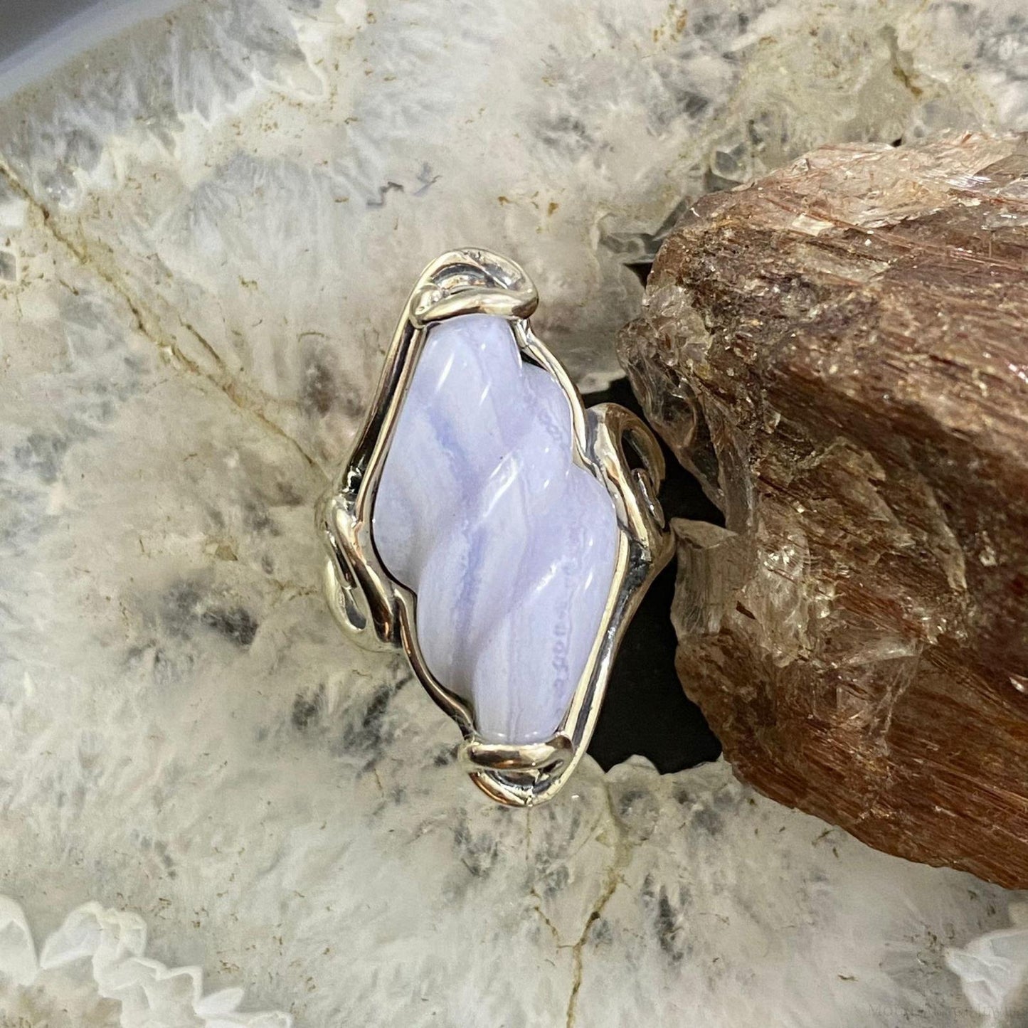 Carolyn Pollack Southwestern Style Sterling Silver Spiral Blue Lace Agate Decorated Ring For Women, Variety of Sizes