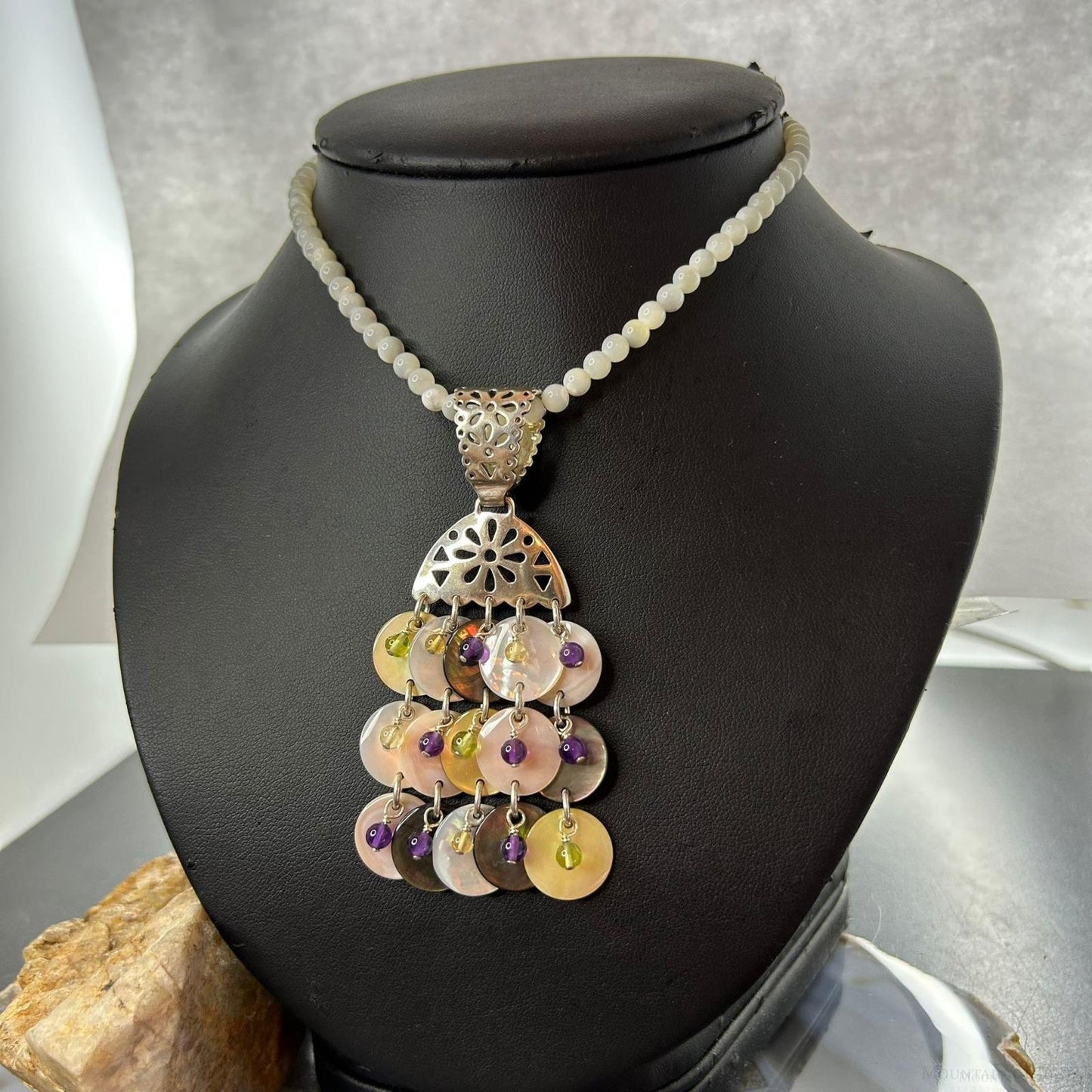 Carolyn Pollack Sterling Silver Multi Stone Dangle Pendant with MOP Necklace For Women