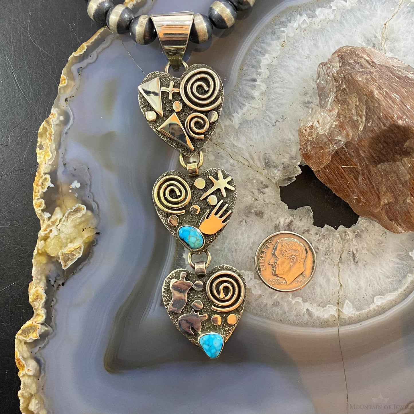 Alex Sanchez Native American Sterling Silver Triple Petroglyph Heart w/Turquoise Pendant For Women #5