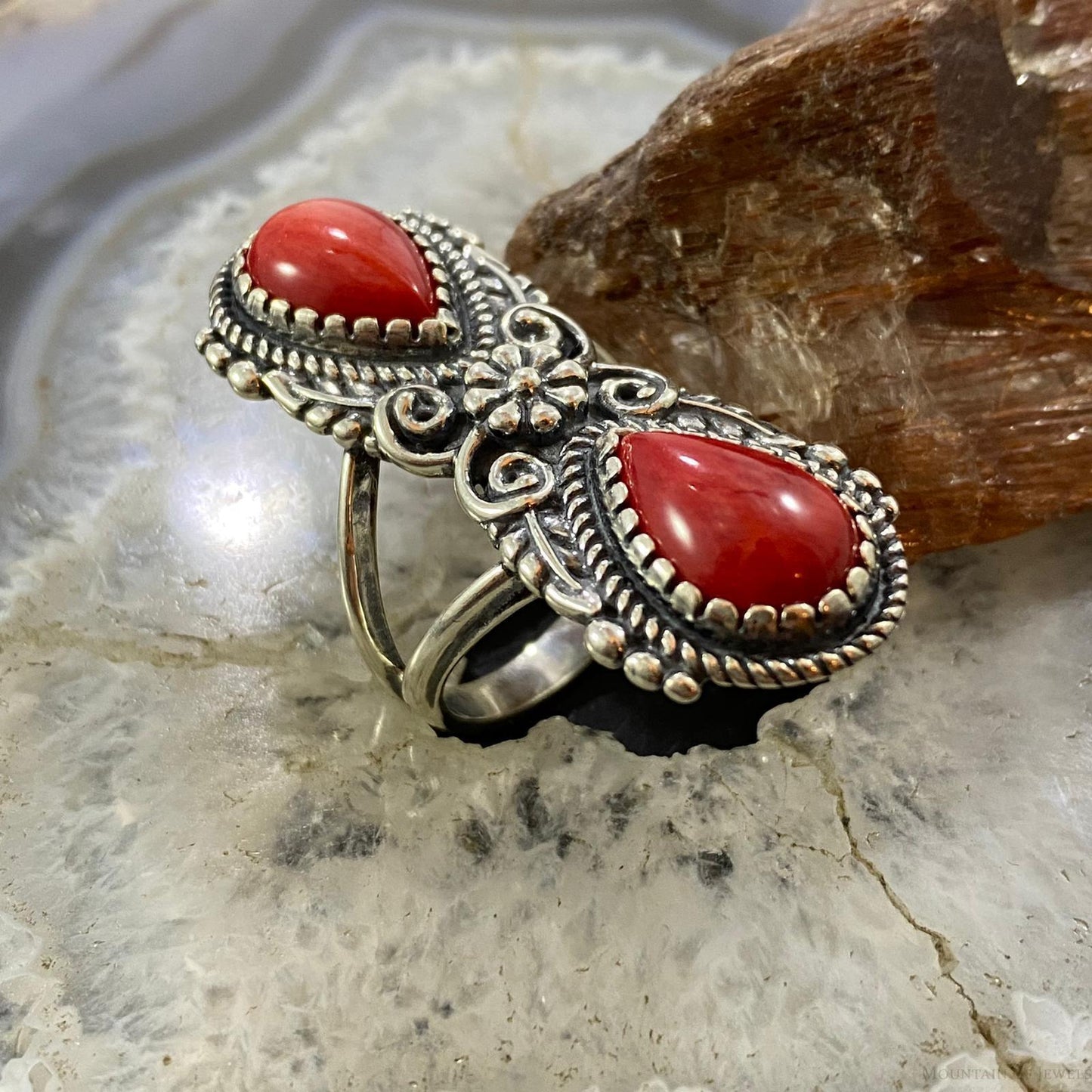 Carolyn Pollack Southwestern Style Sterling Silver 2 Pear Red Jasper Decorated Ring For Women