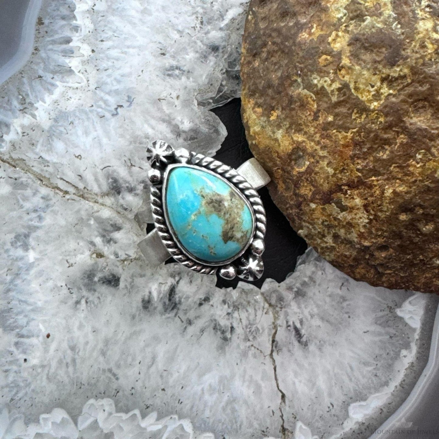 Sterling Silver Southwestern Style Teardrop Turquoise Adjustable Ring For Women