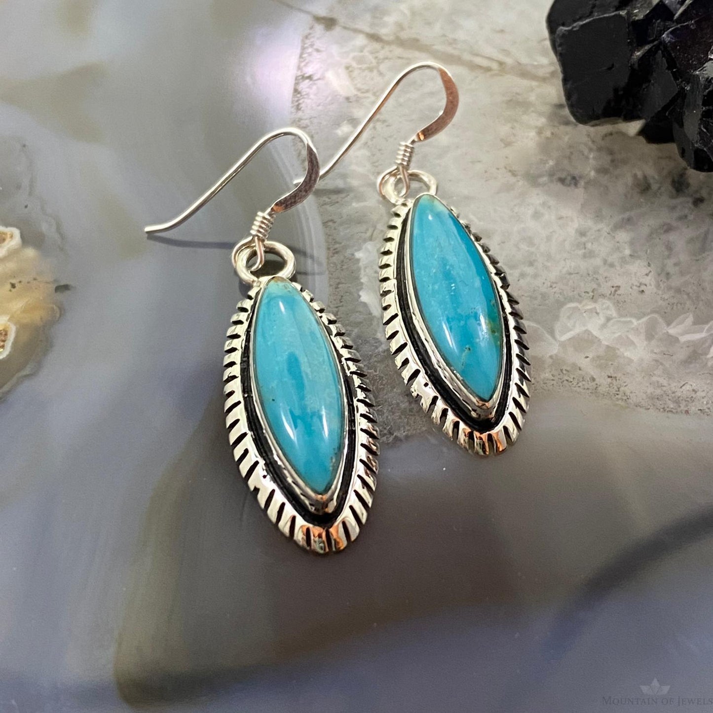 Native American Sterling Silver Marquise Blue Ridge Turquoise Dangle Earrings